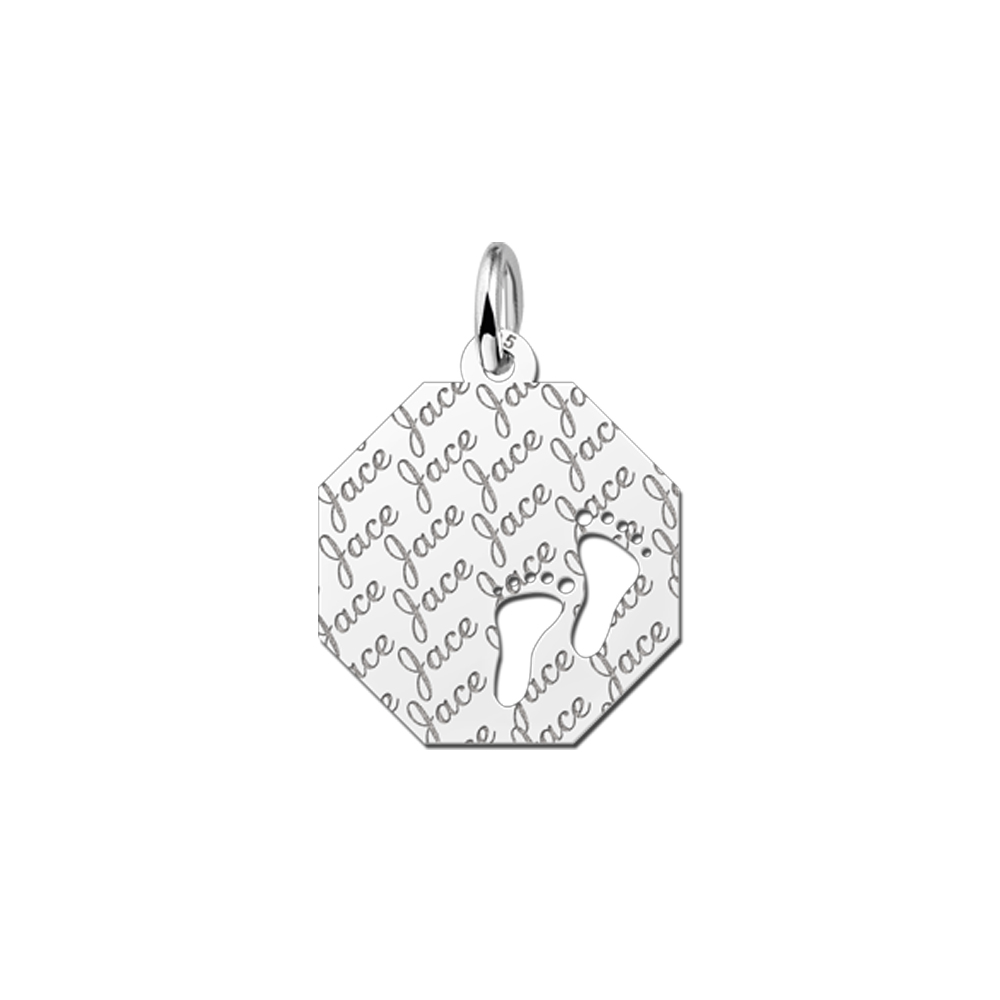 Silver octagonal pendant name pattern & baby feet