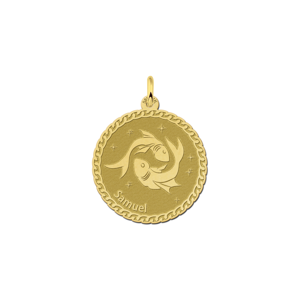 Golden round zodiac pendant Pisces