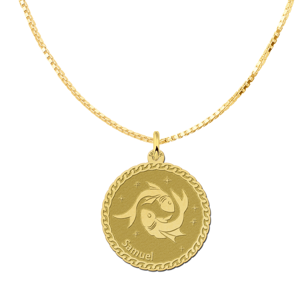 Golden round zodiac pendant Pisces