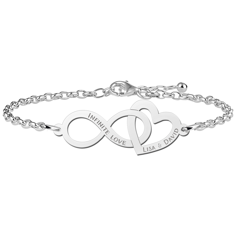 Sterling silver infinity bracelet with heart and names