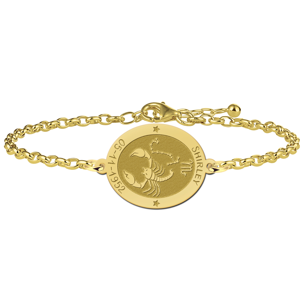Gold Plated Oval Scorpio Zodiac Bracelet with Name and Date