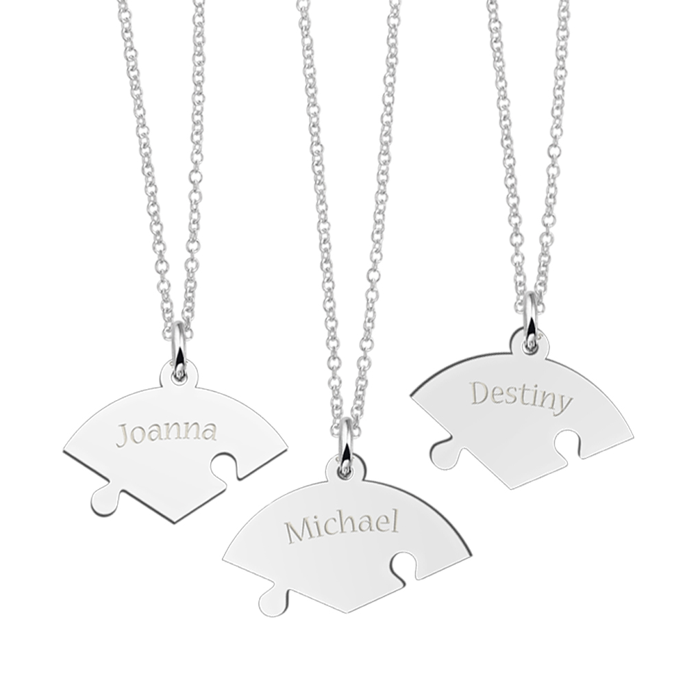 Silver three puzzle piece friendship necklace