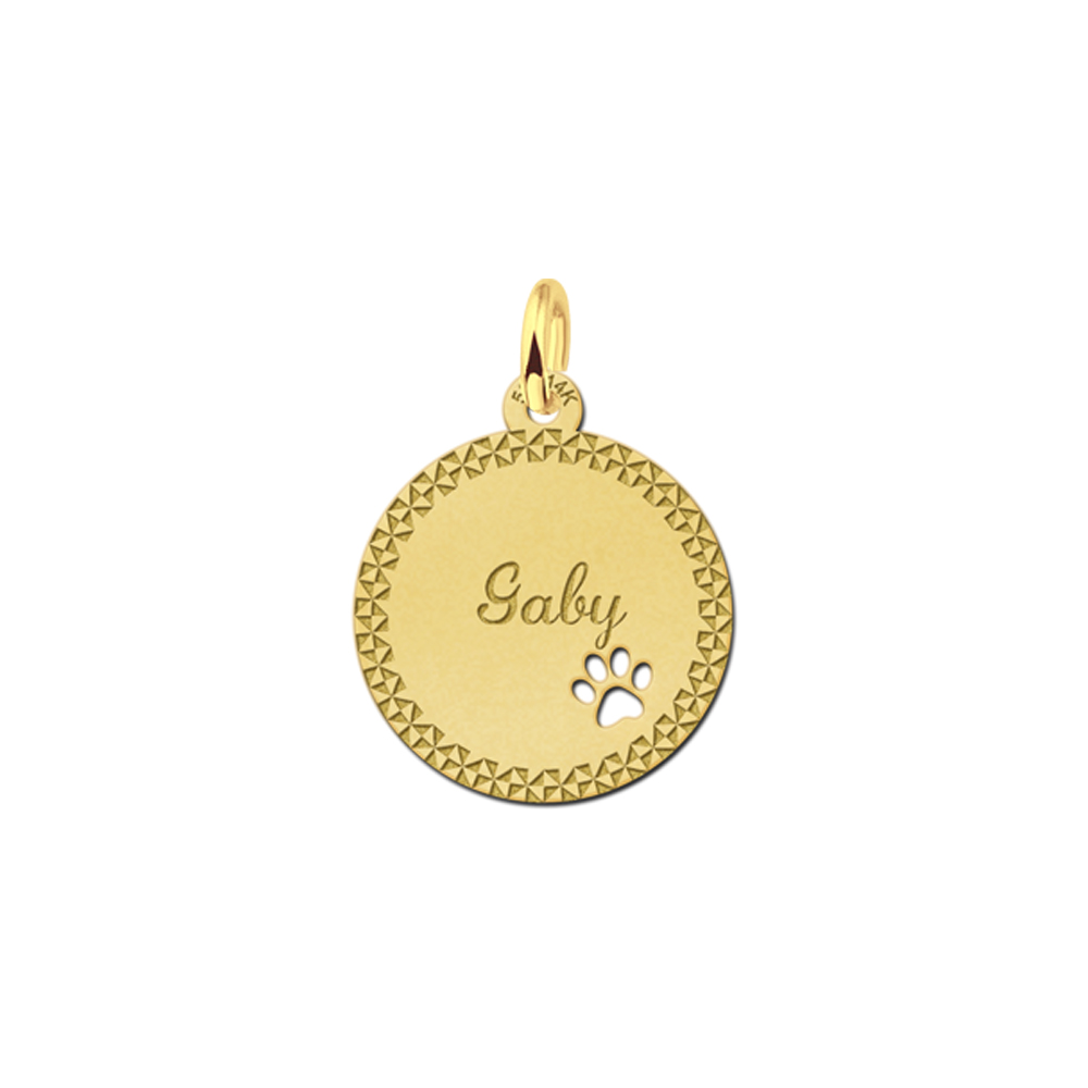 Gold Disc Necklace with Name, Border and Dog Paw