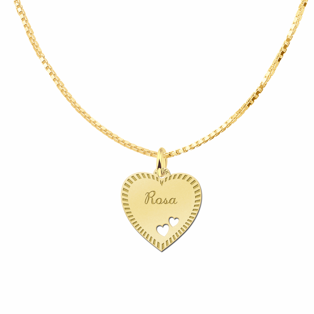 Gold Heart Engraved Necklace With Border and 2 Hearts
