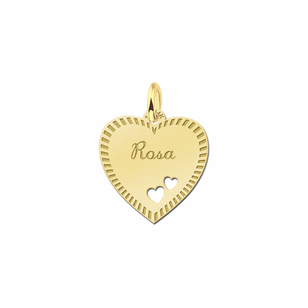 Gold heart engraved necklace with border and 2 hearts
