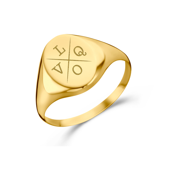 Oval gold signet ring with four initial