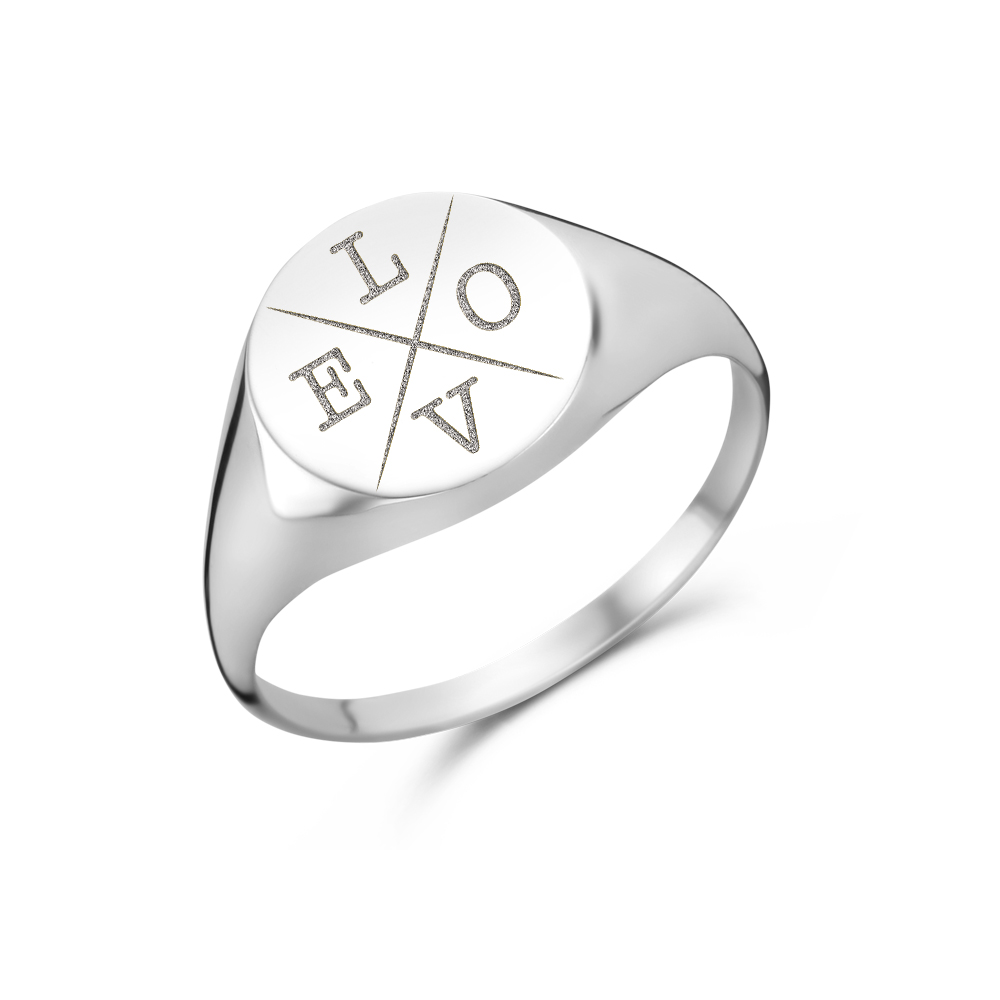 Round silver signet ring with four initial