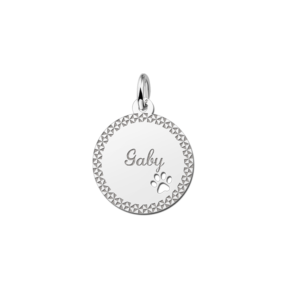 Silver pendant with decorative edge and paw print