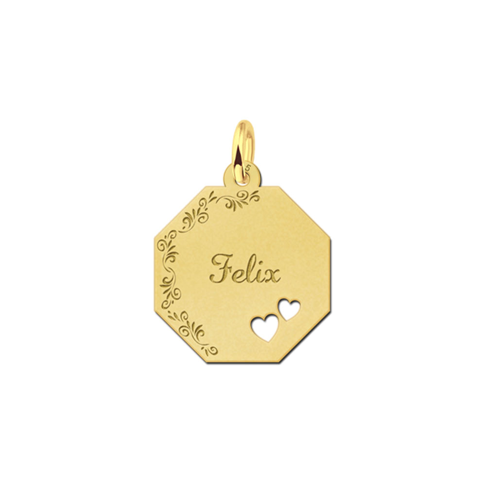 Silver octagonal pendant floral border & 2 hearts