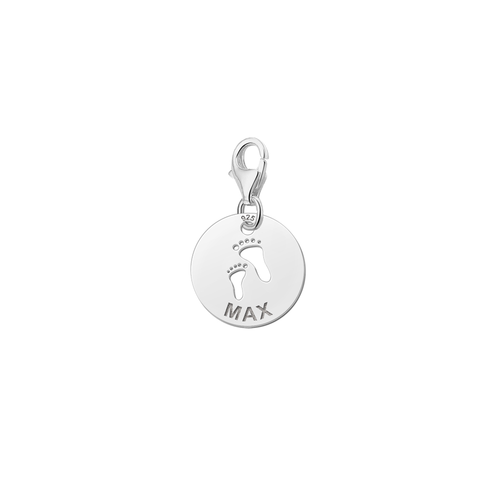 Sterling silver baby charm with footprints and name