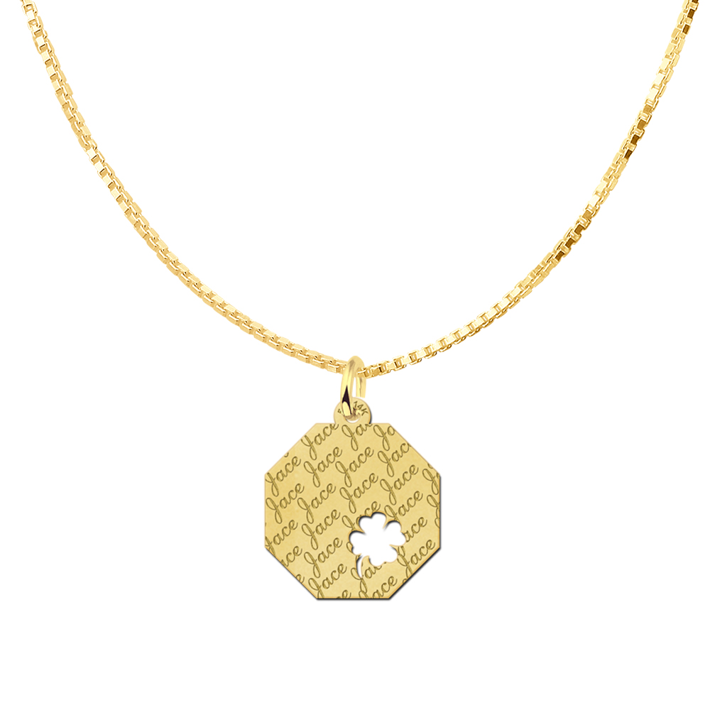 Repeatedly Engraved Solid Gold Necklace with Four Leaf Clover