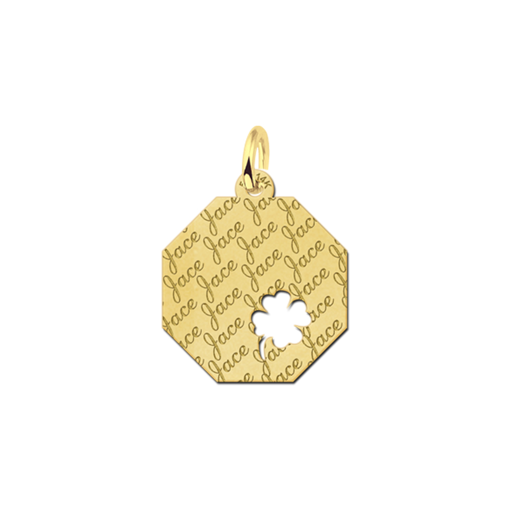 Repeatedly Engraved Solid Gold Necklace with Four Leaf Clover
