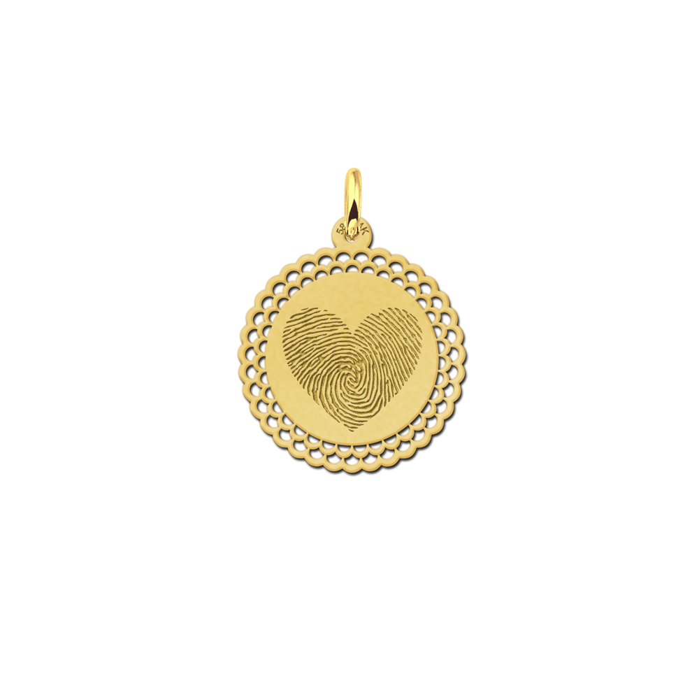 Gold round pendant with fingerprint heart and decorative edge