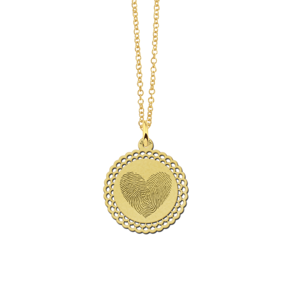 Gold round pendant with fingerprint heart and decorative edge