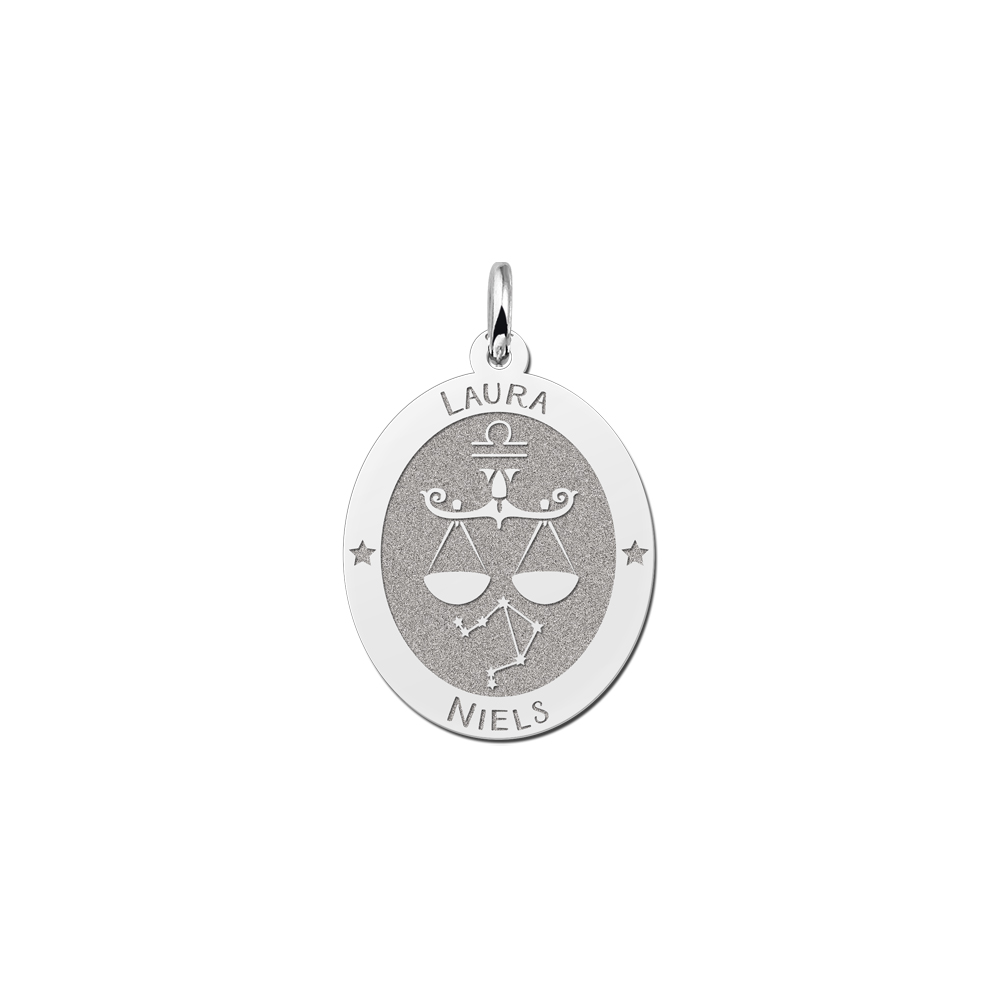 Silver Oval Zodiac Pendant Libra with Name Engraving