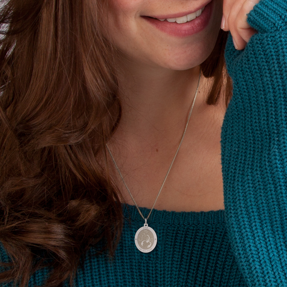 Silver Oval Zodiac Pendant Libra with Name Engraving