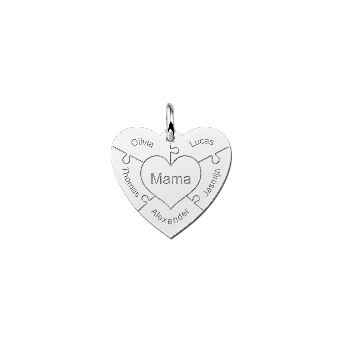 Family Silver Heart Puzzle Pendant – Personalized with Names