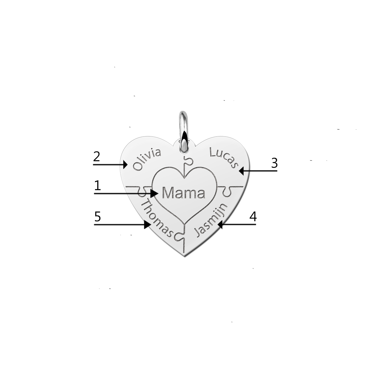 Family Silver Heart Puzzle Pendant – Personalized with Names