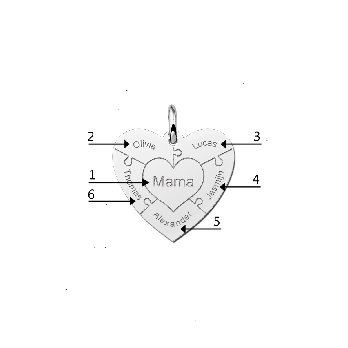 Family Silver Heart Puzzle Pendant – Personalized with Names