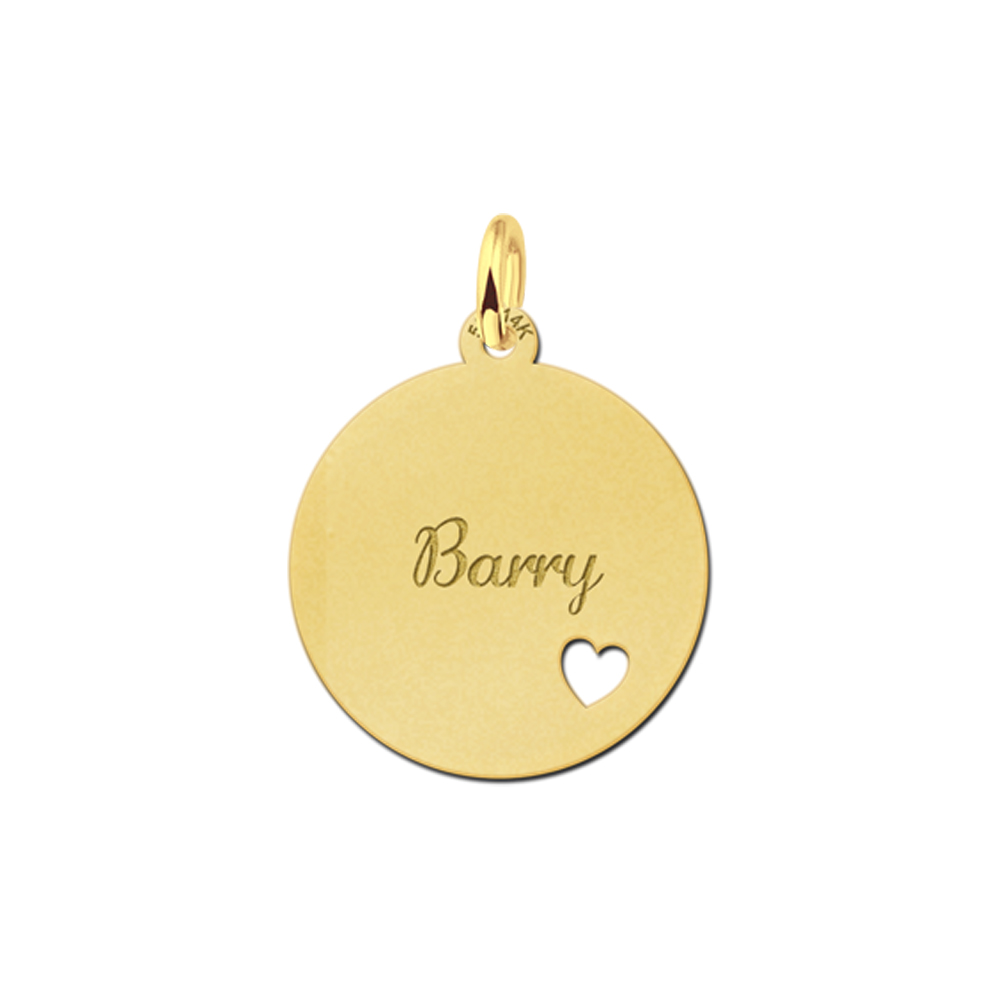 Golden disc pendant with name and heart