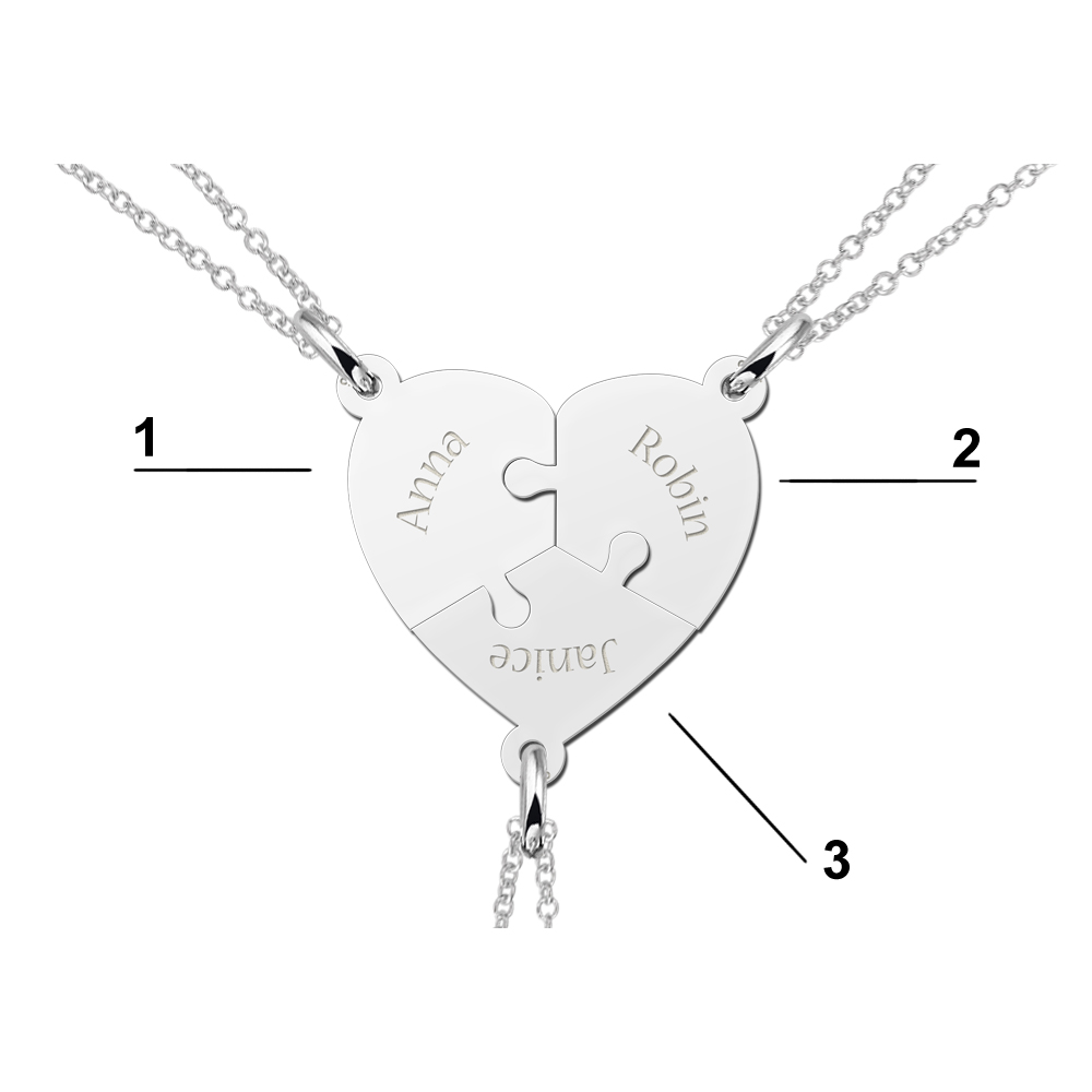Silver heart three puzzle piece friendship necklace