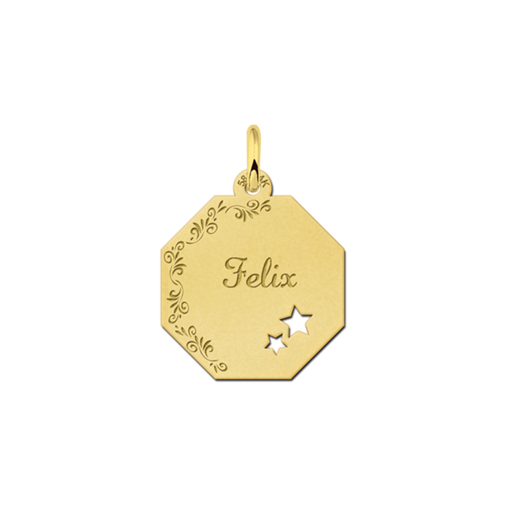 Solid Gold Pendant with Name, Flowerborder and Stars