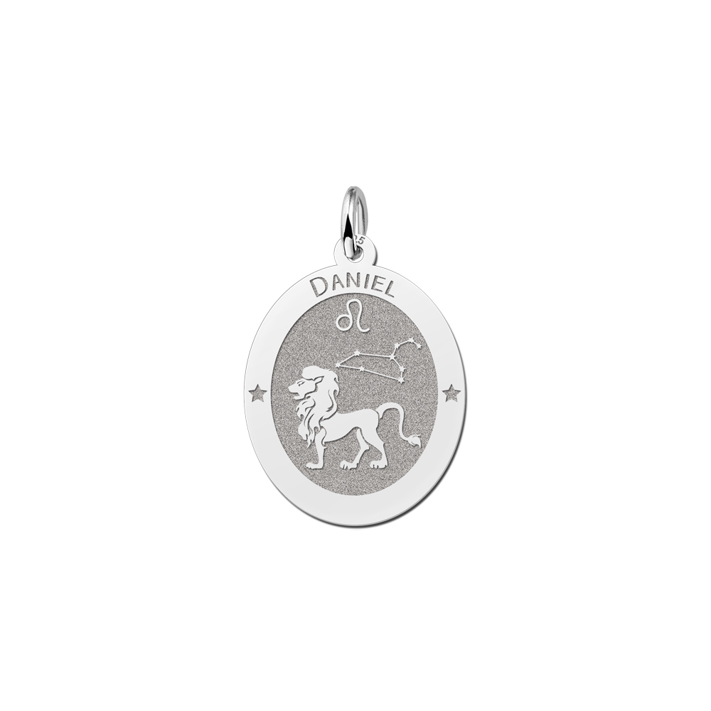 Silver Oval Zodiac Pendant Leo with Name Engraving