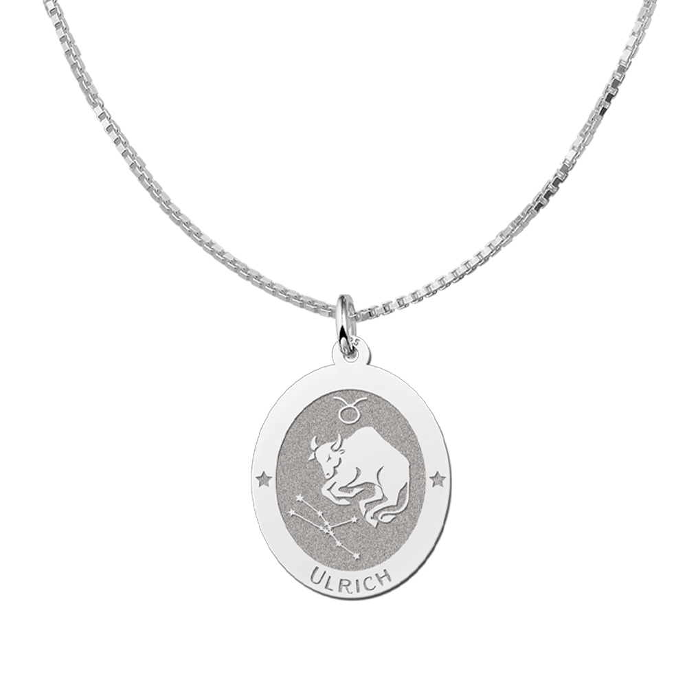 Silver Oval Zodiac Pendant Leo with Name Engraving