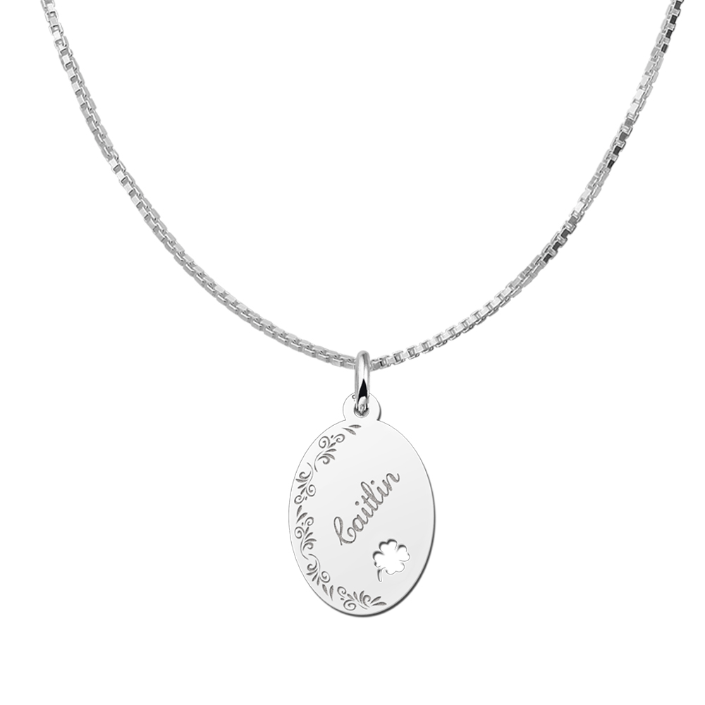 Engraved Silver Oval Necklace with Flowers and Four Clover