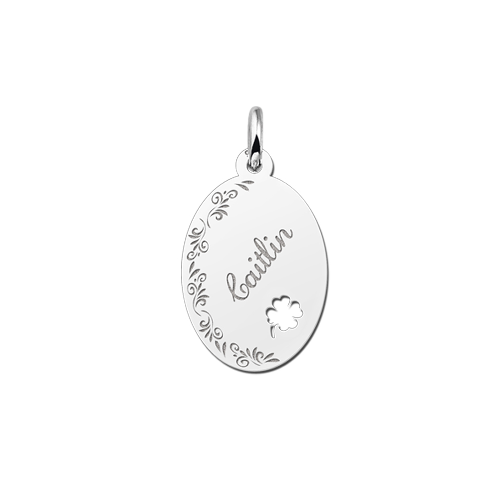 Engraved Silver Oval Necklace with Flowers and Four Clover