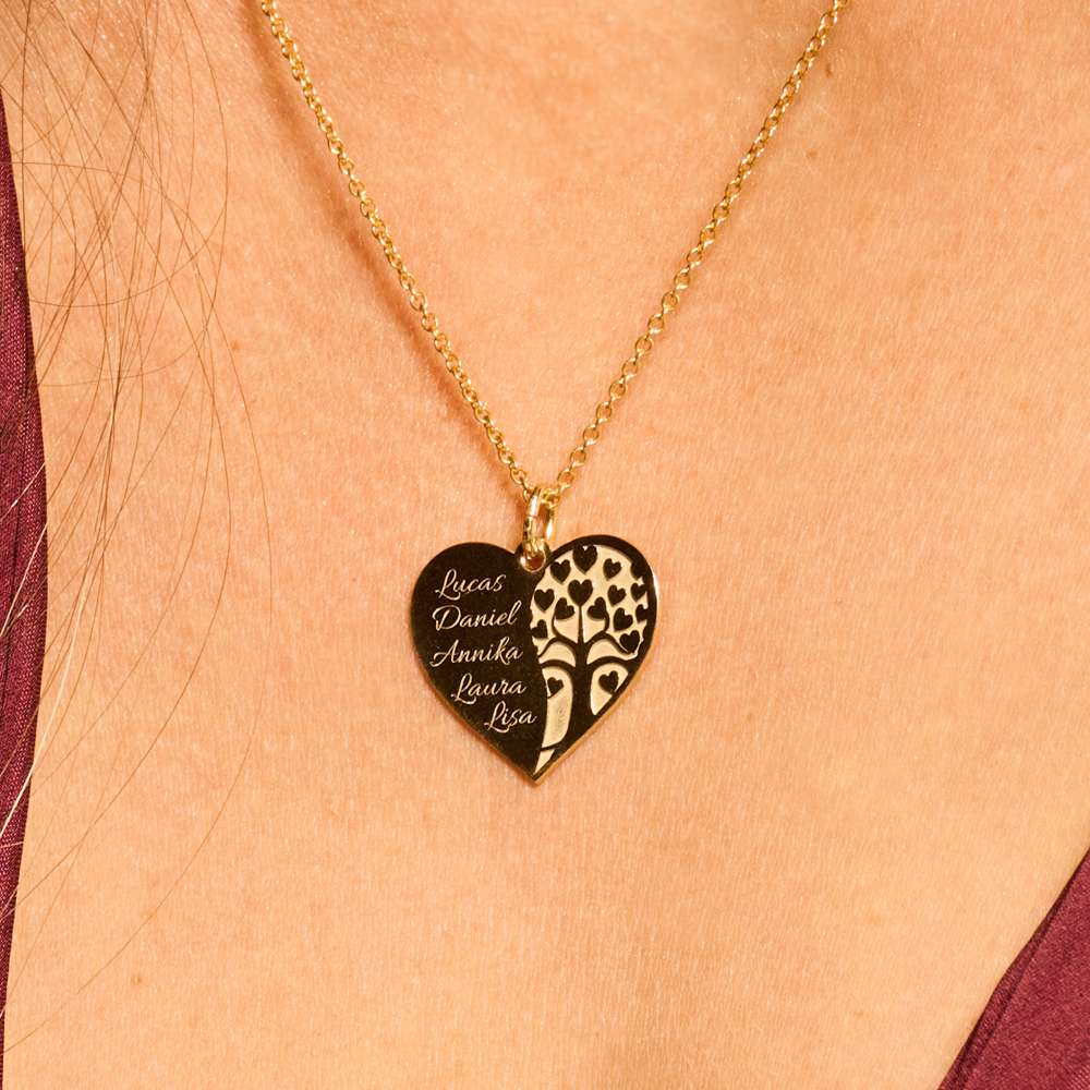 Gold family necklace in heart shape with tree of life and names