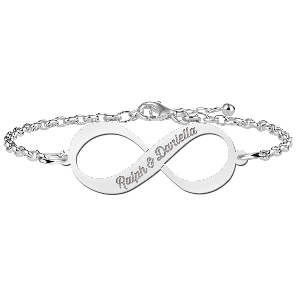 Silver infinity bracelet with two engraved names