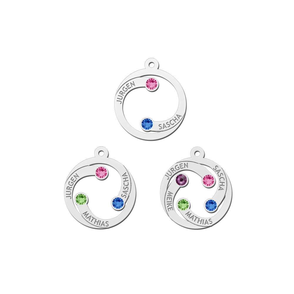 Silver round pendant with names and birthstones