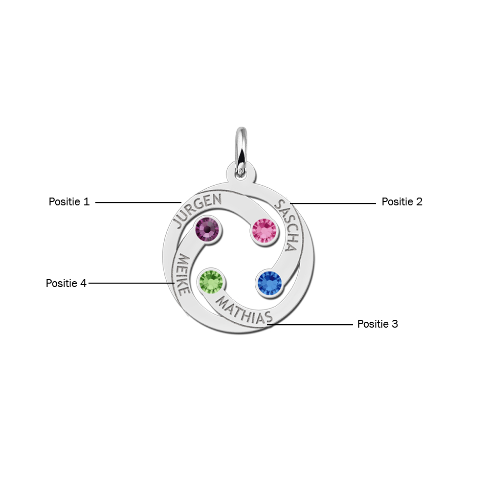 Silver round pendant with names and birthstones