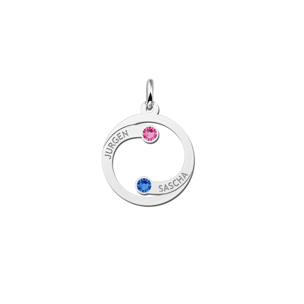 Silver round pendant with names and birthstones