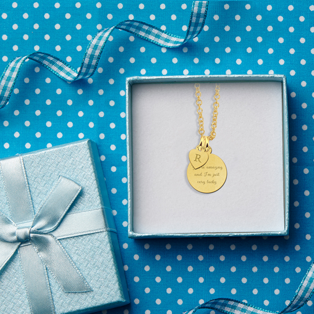 Gold minimalist pendant with letter and text