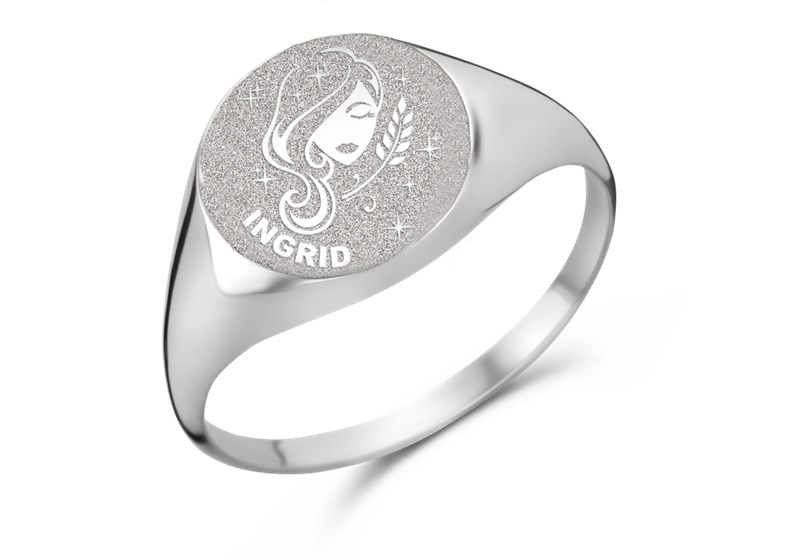 Silver signet ring round with horoscope and engraving