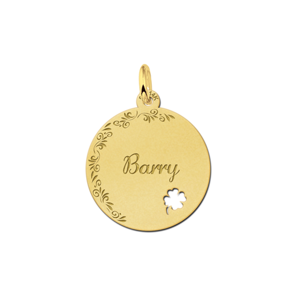 Personalised Gold Disc Pendant with Flowers and Four Leaf Clover