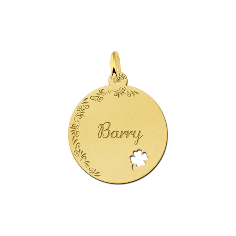 Personalised Gold Disc Pendant with Flowers and Four Leaf Clover