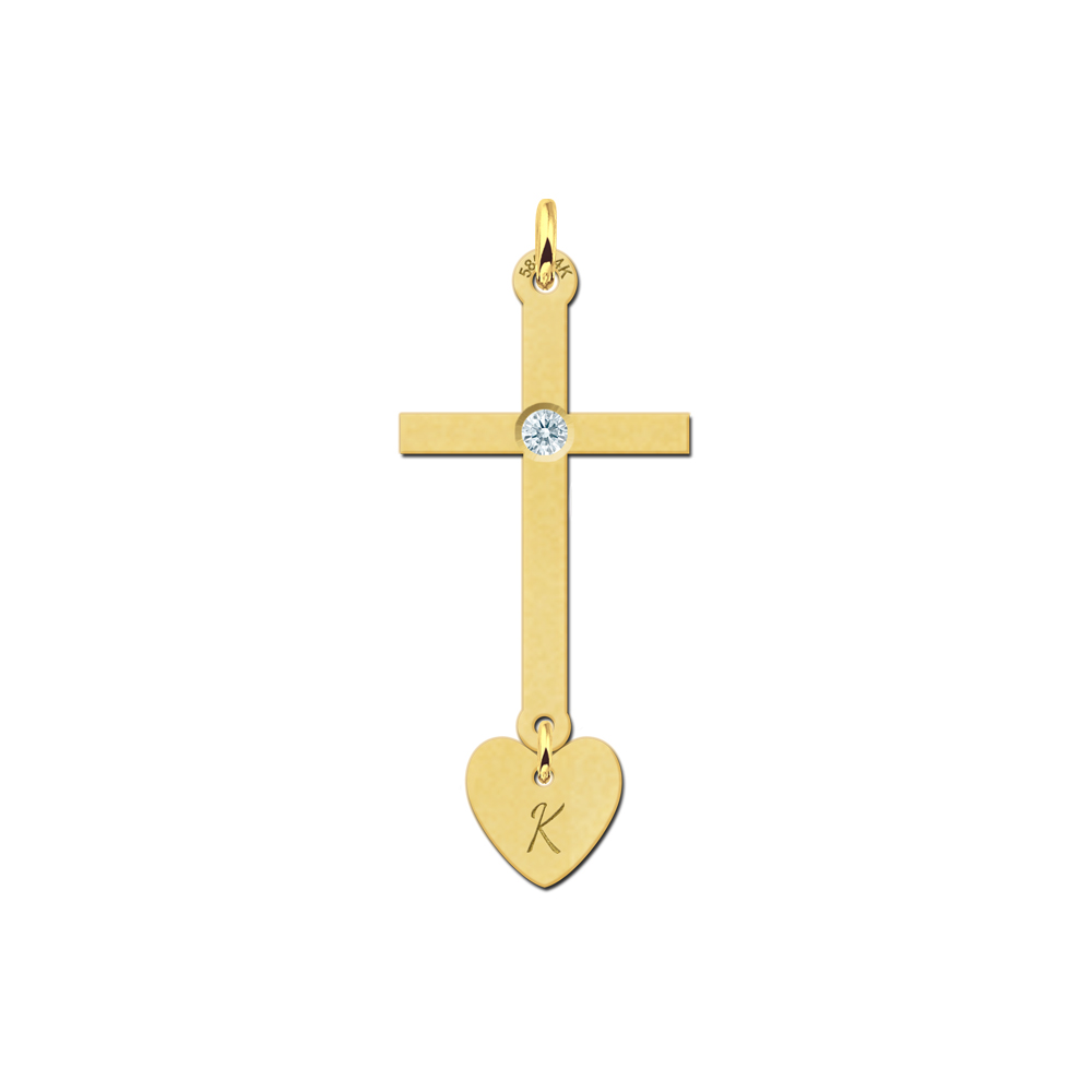 Golden Communion cross with heart and zirconia