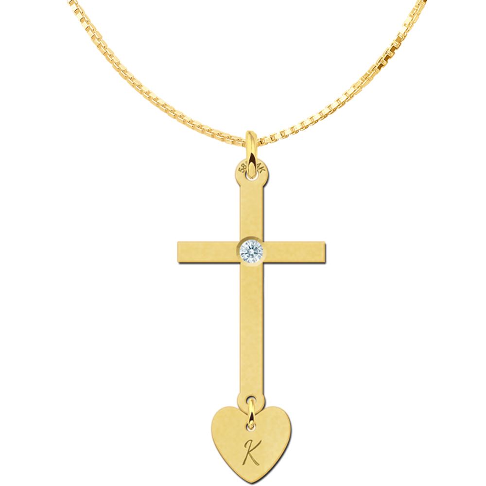 Golden Communion cross with heart and zirconia