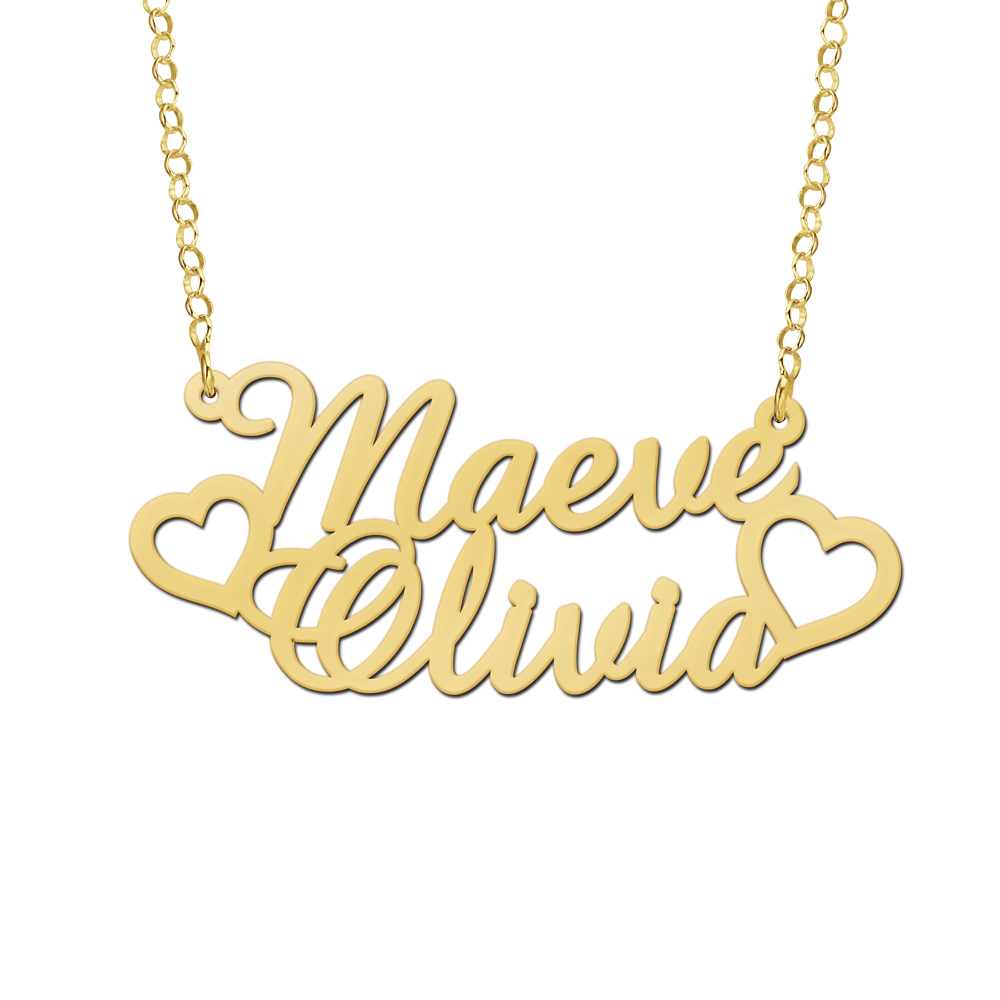Gold double name necklace Maeve and Olivia with hearts