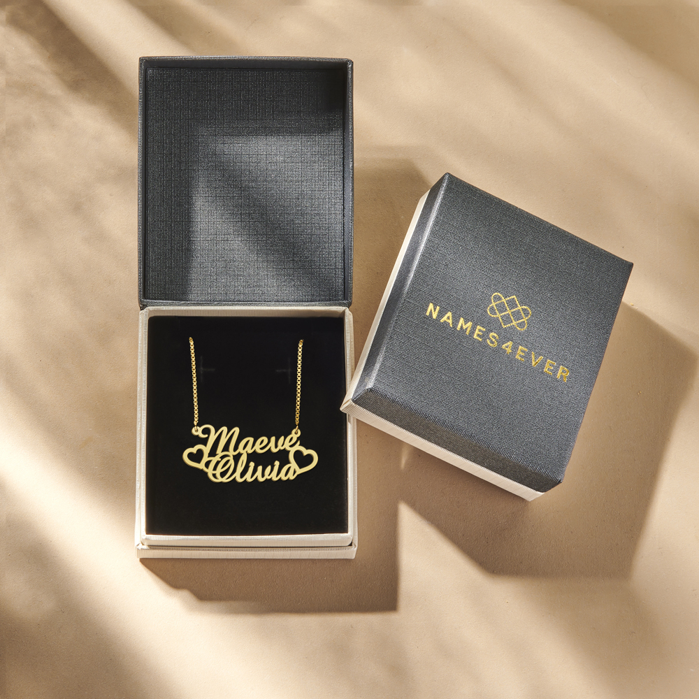 Gold double name necklace Maeve and Olivia with hearts