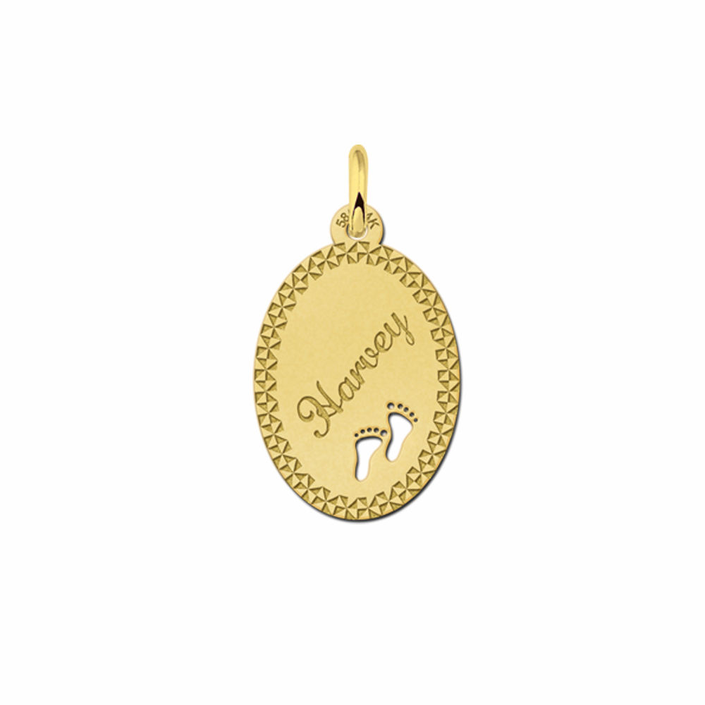 Gold Oval Necklace with Name, Border and Babyfeet