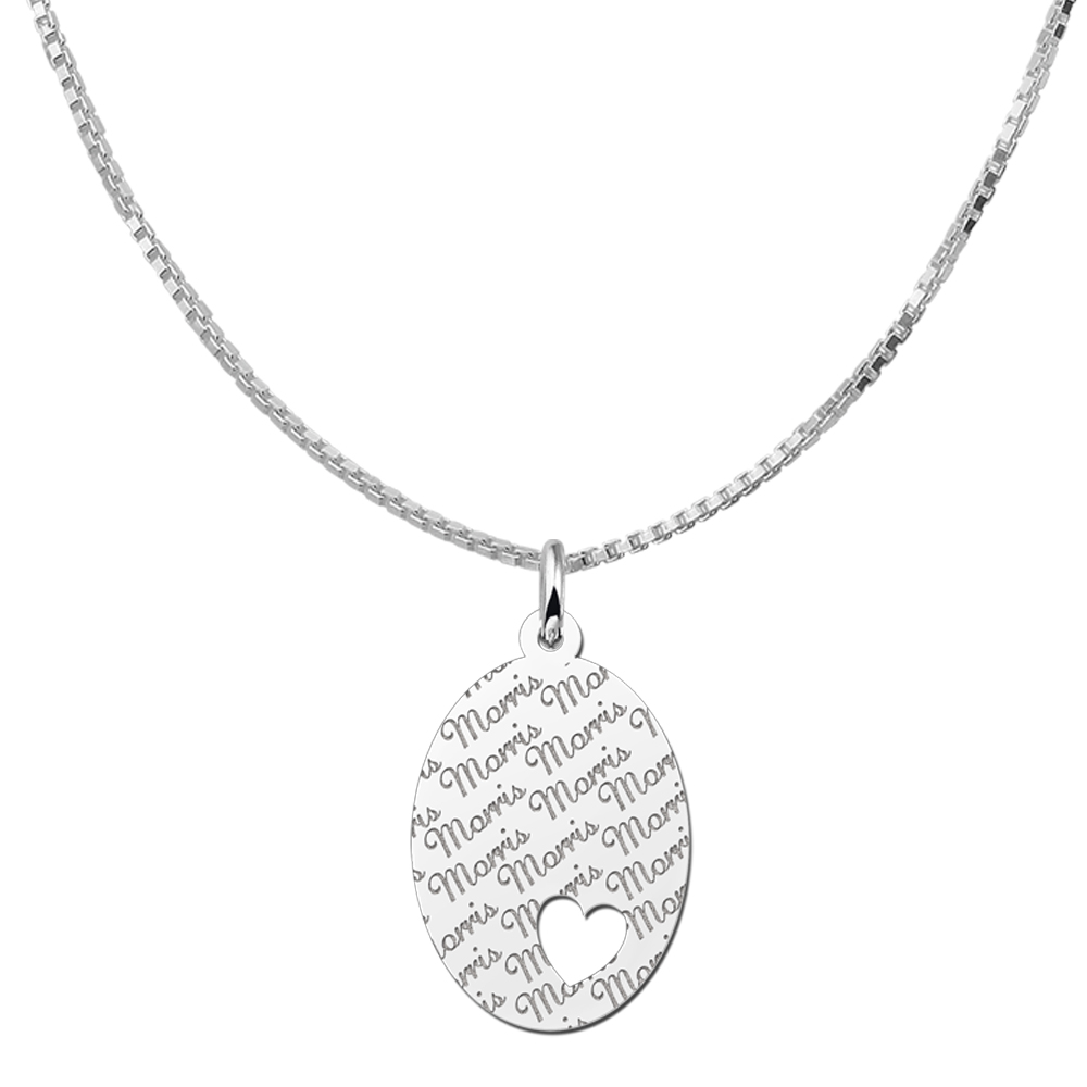 Silver oval pendant name pattern & heart