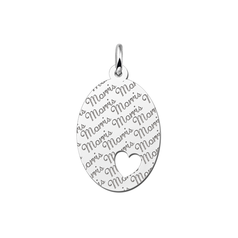 Silver oval pendant name pattern & heart