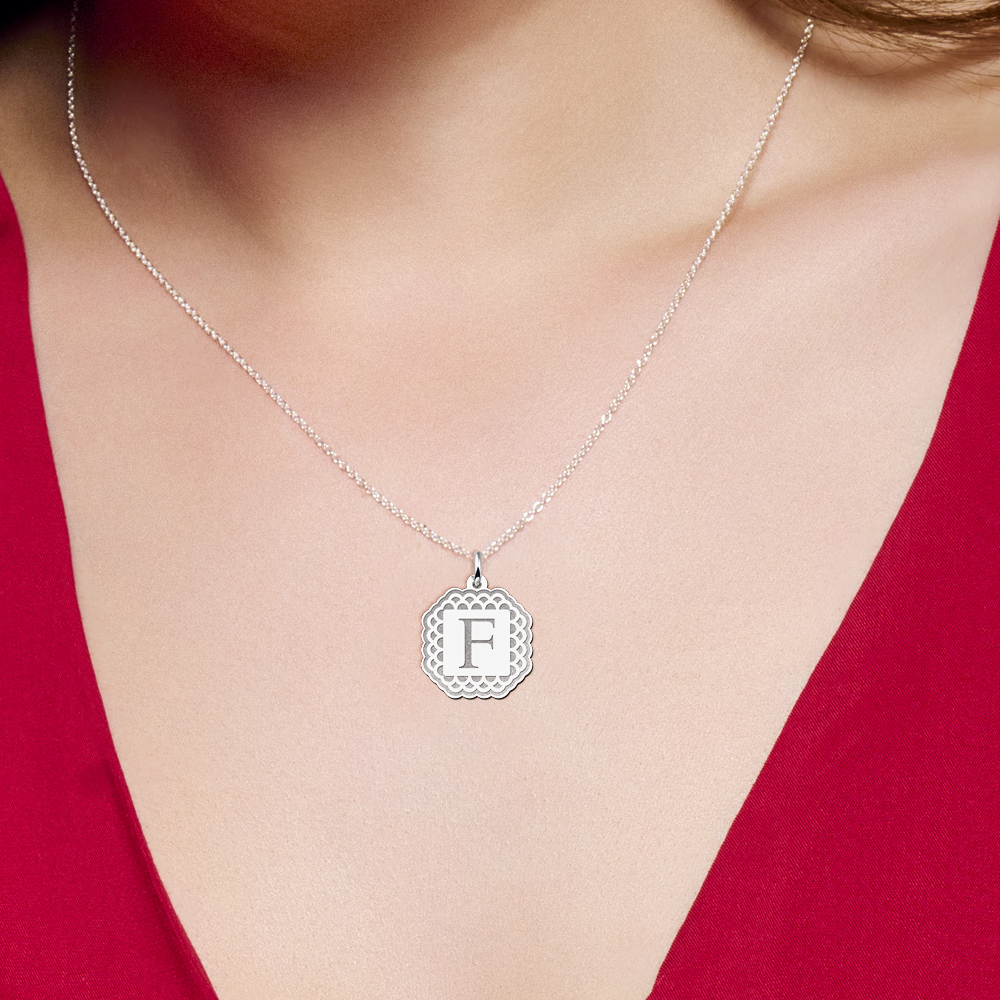 Silver initial pendant engraved border