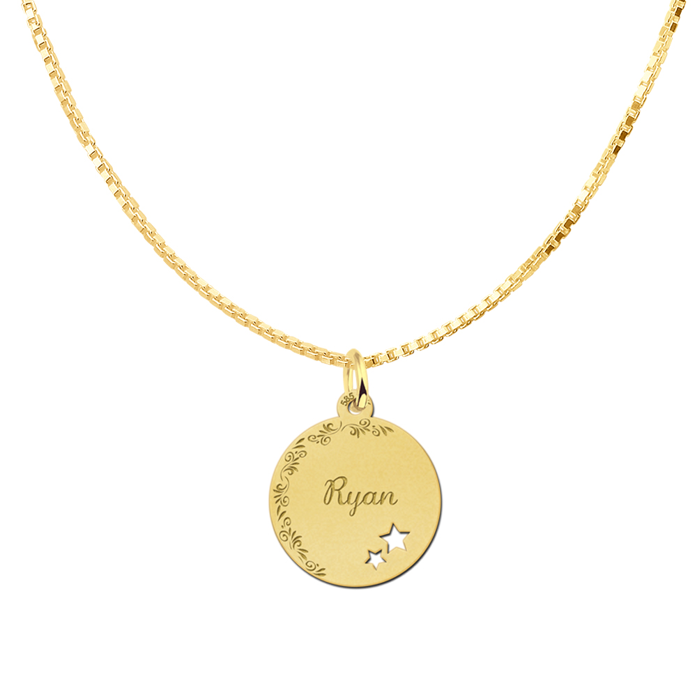 Gold Disc Necklace with Name, Flower Border and Stars