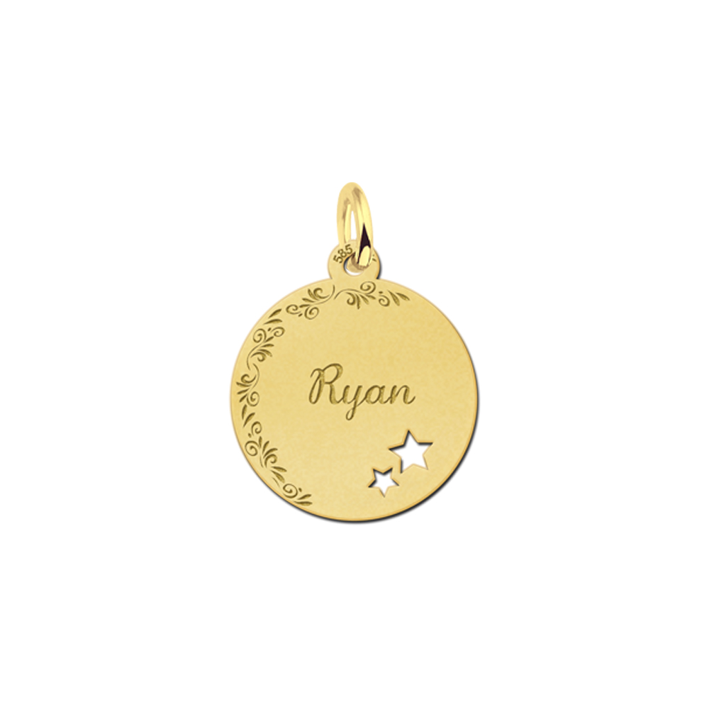 Gold Disc Necklace with Name, Flower Border and Stars