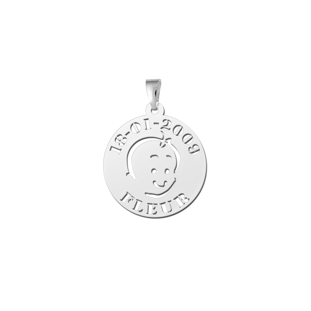 Silver Round Pendant Baby Face with Name and Date